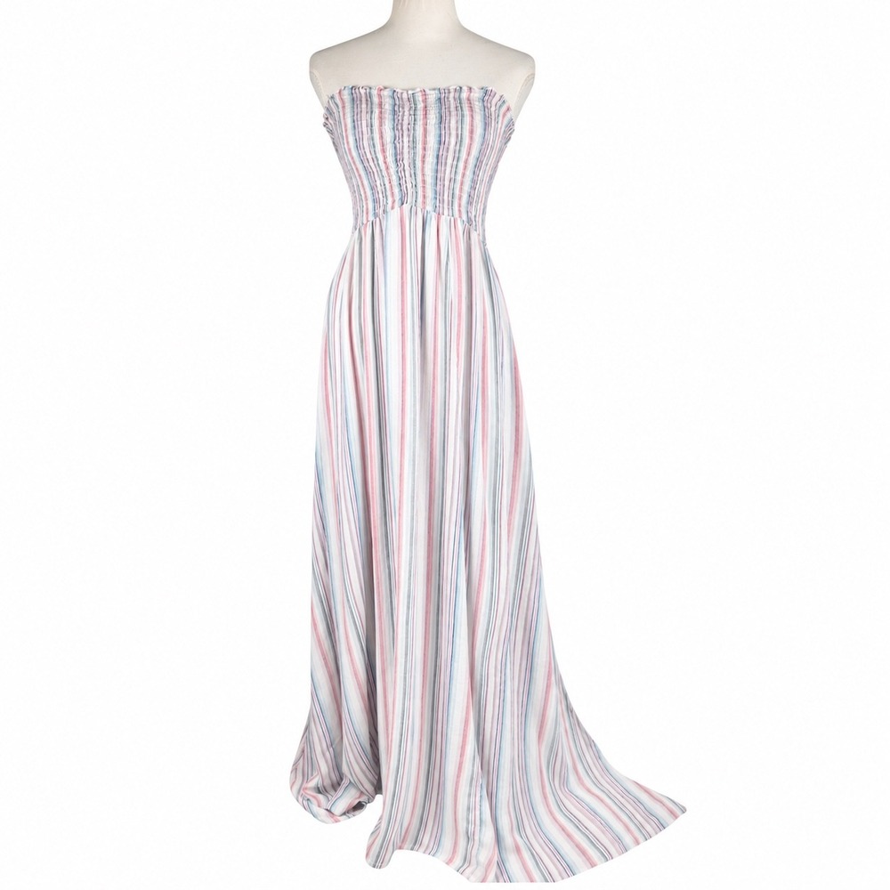 Elan Maxi Dress Womens S Blue Red Striped Rayon Smocked Strapless Side Slit Boho